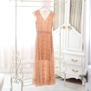 Orange Chiffon Floral Flutter Sleeve Maxi Dress